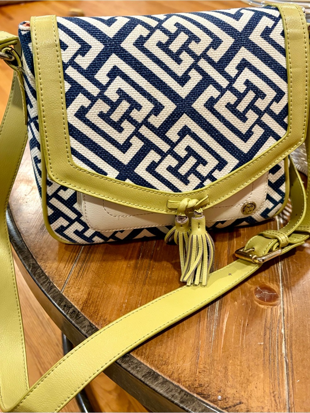 Spartina 449 Navy Geometric Crossbody with Lime Trim and Tassel